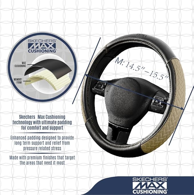 Skechers Steering Wheel Cover,Max Cushioning Leather Steering Wheel Cover Universal Fit 14" 1/2-15" Car Wheel Protector for Men Women Fit Suvs,Vans,Sedans,Car,Trucks,Beige