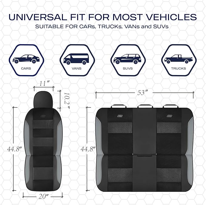 Skechers Aircooled & Memory Foam Seat Covers,Premium Leather with EVA Mesh Car Seat Covers,Seat Cover Full Sets,Airbag Compatible Automotive Comfort for Most Cars, Vans, Trucks, SUV,Grey
