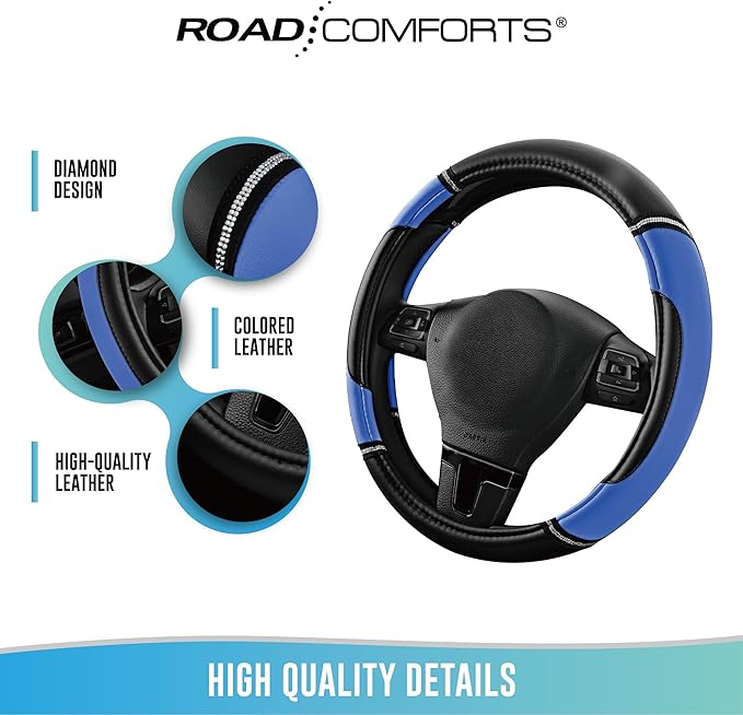 Road Comforts Leather Steering Wheel Cover - Made with PVC Leather - Anti-Slip, Universal Fit 14 1/2 inches to 15 inches - Blue