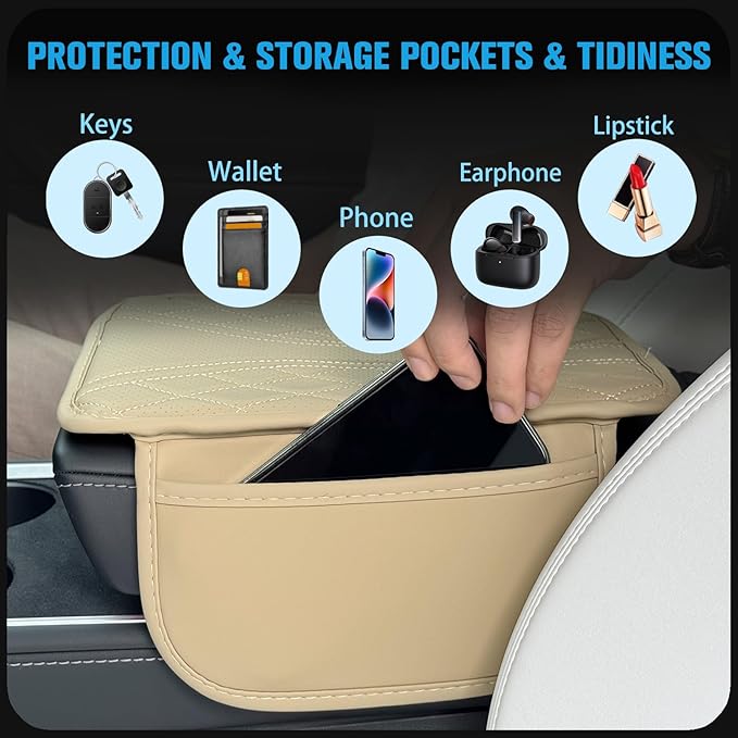 Upgraded Car Center Console Cover Microfiber Leather Armrest Cover Cushion with 2 Storage Bags&Universal Car Armrest Storage Box Universal Car Interior Accessory (2 Pockets, Beige)