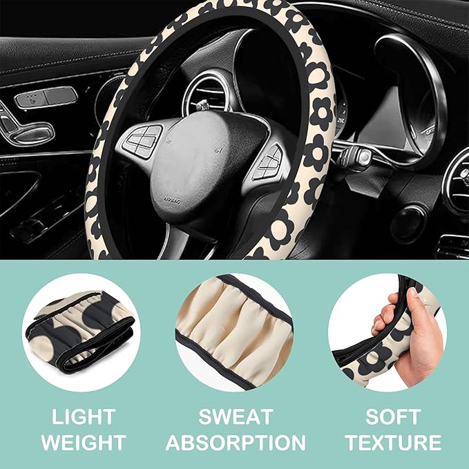 Vintage Black Flowers Steering Wheel Cover for Women Men,Anti-Slip Breathable Car Steering Wheel Cover Elastic Protection with 2 Pieces Car Coasters,Universal 15" Fit Auto,Suvs,Truck