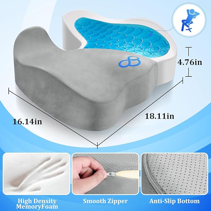 Seat Cushion, Chair Cushions, Office Chair Cushions, Anti-Slip Bottom & Removable Cover Tailbone Pain Relief Cushion, Memory Foam Seat Cushion for Office, Wheelchair, Car (Light Grey)