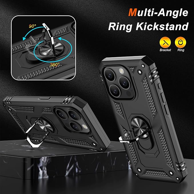 IKAZZ for iPhone 14 Pro Case 6.1 Inch with Screen Protector,Military Grade Shockproof Heavy Duty Protective Phone Cover Pass 16ft Drop Test with Magnetic Kickstand Car Mount Holder,Black