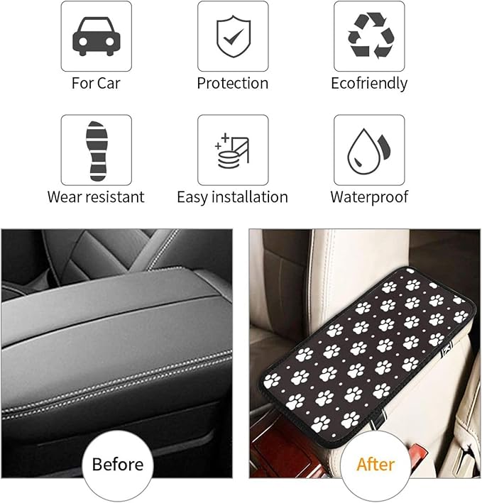 Paw Dog Paw Prints Black and White Foot Print Puppy Auto Center Console Armrest Pad Universal Car Center Console Cover Seat Box Cover for Sedan, Van, SUV, Truck Car Accessorie