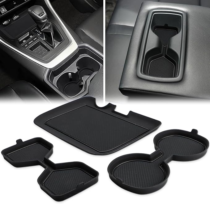 Auovo 3D Cup Holder Insert Liners Compatible with Toyota RAV4 Accessories 2025 2024 2023 2022 2021 2020 2019 Car Custom Cup Holder Mats Pads 3-pc Set (Black Trim)