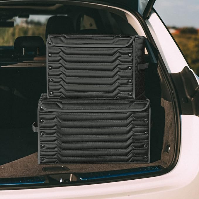 Owleys Car Caddy Organizer Set - 17.7" + 21.6" SUV Trunk Organizer Bundle For Road Trips, Groceries & Tools - Foldable Crates With Magnetic Lids - Stylish Gift For Men - Black Highway