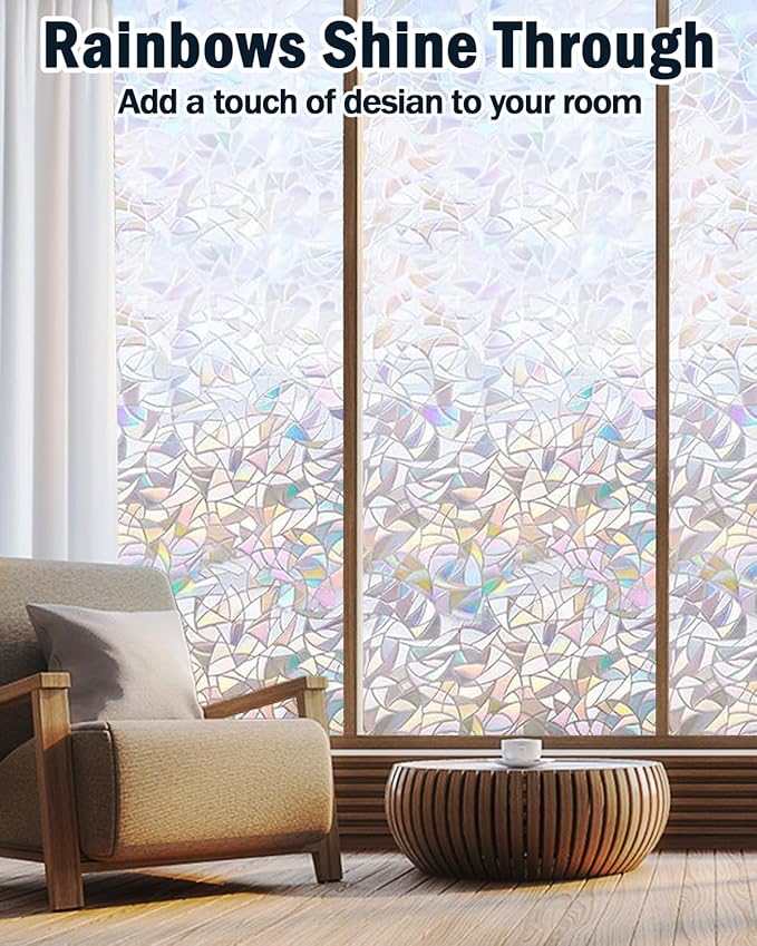 Rainbow Window Privacy Film, 3D Decorative Vinyl, Stained Glass Decals, Removable, Peep-Proof, Static Cling, with Installation Tools (17.5 x 157.5 Inch)