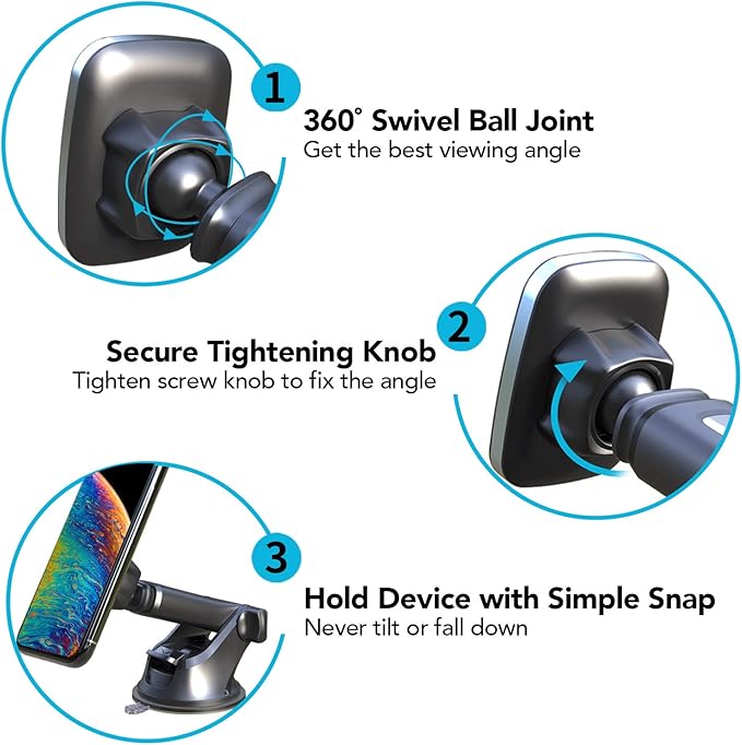 APPS2Car 3-in-1 Car Phone Mount Magnetic Dashboard Windshield Air Vent Mount Phone Holder for Car Universal Car Phone Holder with Powerful Suction Cup Built-in Strong 6 Magnets for All CellPhones