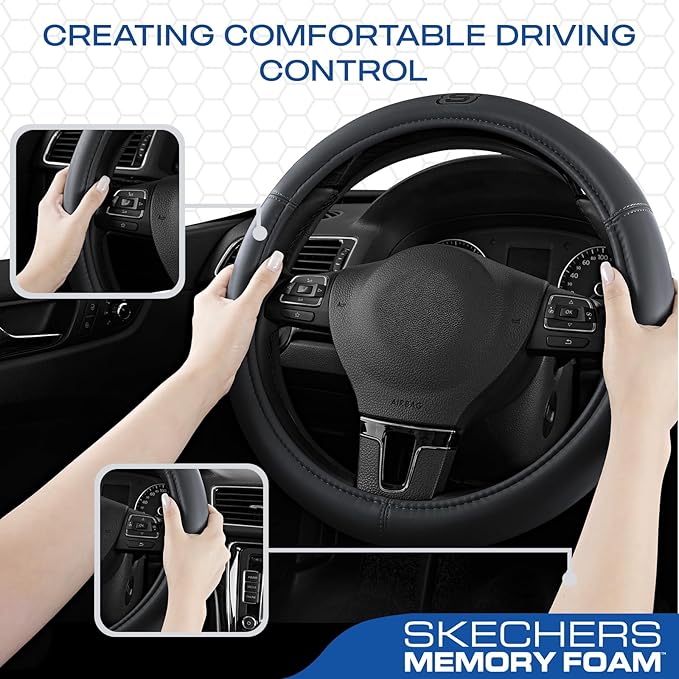 Skechers Memory Foam Steering Wheel Cover,Grade Protein Leather Steering Wheel Cover,Universal Anti-Slip Fit 14" 1/2-15" Car Wheel Cover for Men Women Fit Suvs,Vans,Sedans,Car,Trucks,Grey