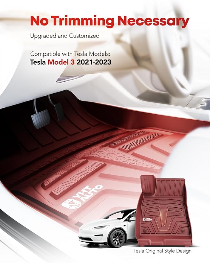 YHTAUTO Floor Mats Compatible with Tesla Model 3 2021-2023, All Weather TPE Front Rear Cargo Liner, Rear Storage Mats, Model 3 Accessories, Red, Set of 6