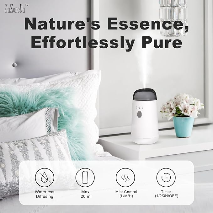 Waterless Diffuser for Essential Oil, Rechargeable Mini Aromatherapy Diffuser for Home & Car, Portable Cordless Design, Fits Car Cup Holder, 3 Mist Levels, 2-Hour Timer, Type-C Charging