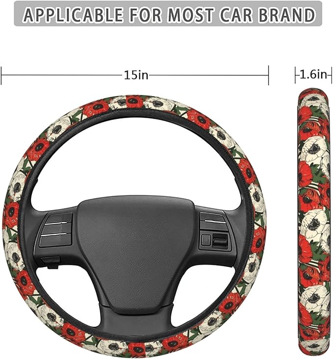 Poppy Flowers Pattern Steering Wheel Covers Anti-Slip Elasticity Car Accessories Steering Wheel Protector Universal 15 Inch for Cars SUV Vehicle Truck