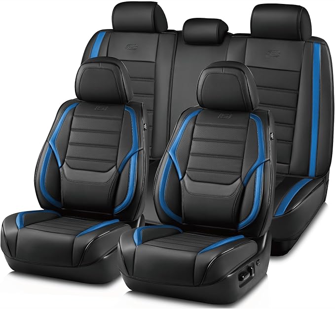 Skechers Seat Covers,Memory Foam Leather Car Seat Covers,Waterproof Car Seat Protector Full Sets,Car Seat Cushion Airbag Automotive Universal Fit for Most Cars,Vans,Trucks,SUV,Blue