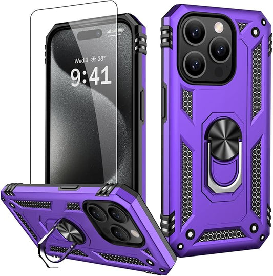 IKAZZ for iPhone 14 Pro Case 6.1 Inch with Screen Protector,Military Grade Shockproof Heavy Duty Protective Phone Cover Pass 16ft Drop Test with Magnetic Kickstand Car Holder,Purple