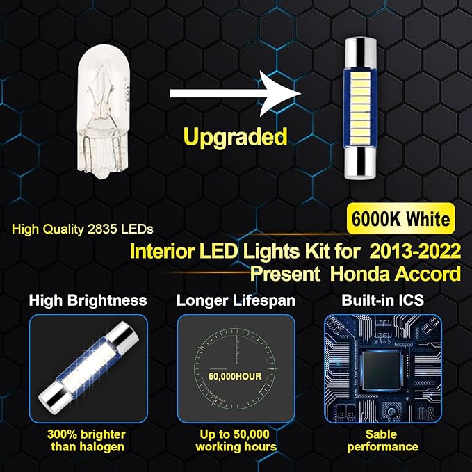 EASY EAGLE LED Interior Car Lights for Honda-Accord-2013-2022: 14 Piece Kit White LED Light Bulbs - Super Bright 6000K + Install Tool