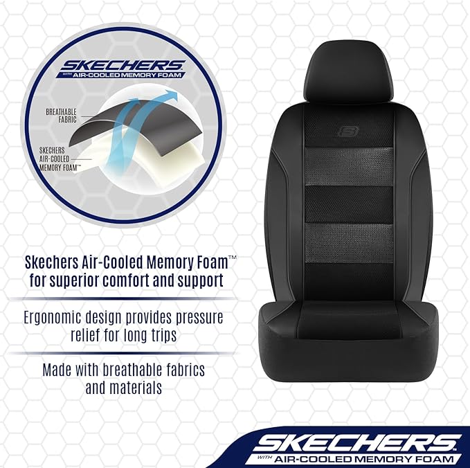 Skechers Aircooled & Memory Foam Seat Covers,Premium Leather with EVA Mesh Car Seat Covers,Seat Cover Full Sets,Airbag Compatible Automotive Comfort for Most Cars, Vans, Trucks, SUV,Black
