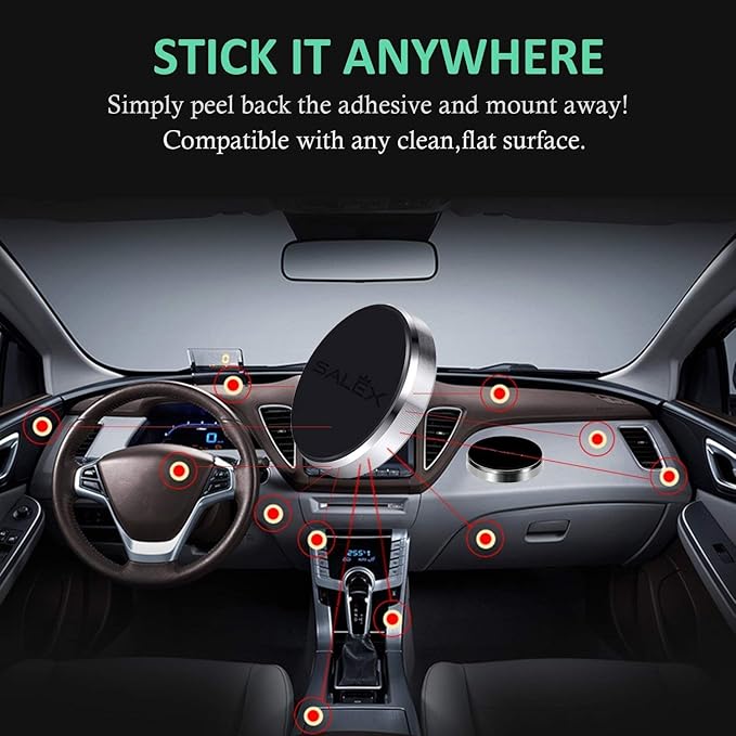 SALEX Magnetic Phone Car Mount with 3M Adhesive. Black Flat Cell Phone Holder for Car Dashboard, Truck, Wall, Mirror, Table. Universal Low Profile Stick on Magnet Set for Tablet Smartphone, Mobile