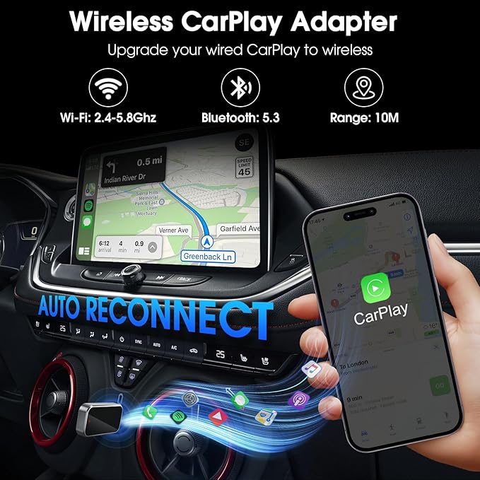 Wireless CarPlay Adapter 2025 Upgraded, Plug and Play, No Latency, Converts Factory Wired to Wireless, Compatible with iPhone (iOS 10 and Above) for Cars 2016+ - Black