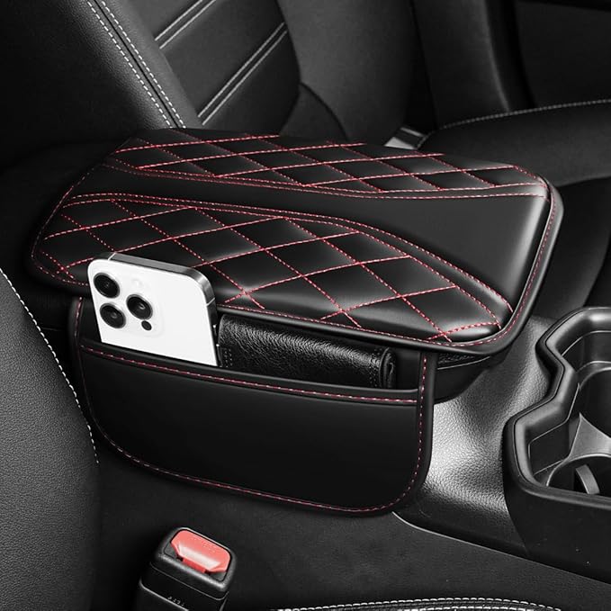 YORKNEIC Center Console Cover Fit for Ford - Middle Console Cover with 2 Storage Pocket,Faux Leather Waterproof Anti-Scratch Car Armrest Cover Protector(002Black&Redline)