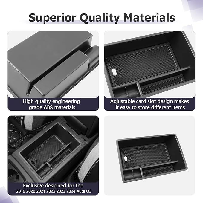 LUWU for 2019 2020 2021 2022 2023 2024 Audi Q3 Center Console Organizer 2024 2025 Audi Q3 Accessories 2024 2025 Audi Q3 F3 Armrest Console Organizer 2025 Q3 Audi Armrest Organizer Insert Tray (Black)