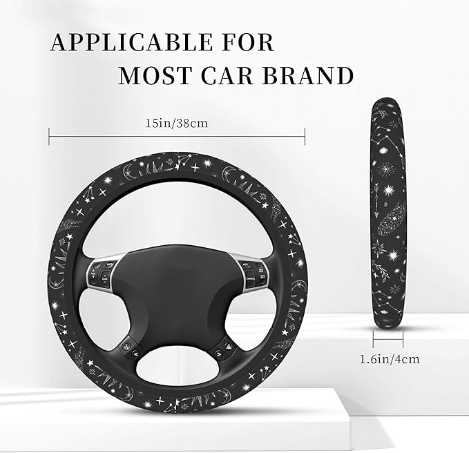 Sun Moon and Steering Wheel Cover, Stars Constellation Elastic Non-Slip Steering Wheel Protector,Auto Interior Decor for Women Girls,Universal 15" Fit for Sedans,Trucks
