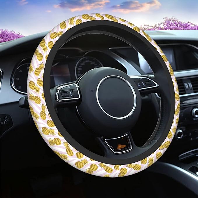 Swono Pineapple Car Neoprene Steering Wheel Cover Trendy Animal Print and Gold Pineapple 15 Inch Anti-Slip Wheel Wrap Case Protector for SUV Sedan Vans Trucks