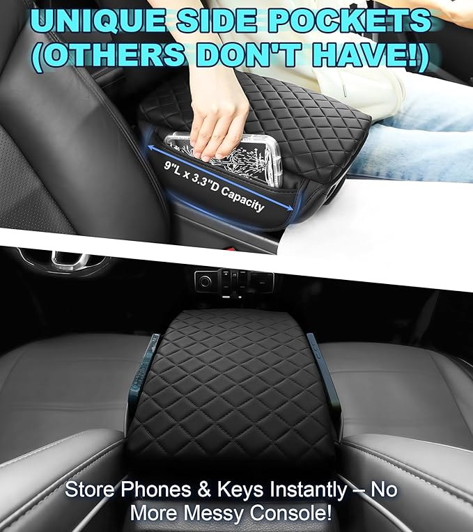 Armrest Cover for Jeep Wrangler Center Console Pad with Organizer Storage Pockets, Black Faux Leather Arm Rest Lid Protector Cushion Interior Accessories (2018-2025 Wrangler JL & Gladiator JT)