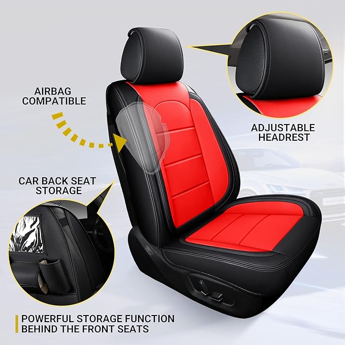 AOOG Leather Car Seat Covers with Car Backseat Organizer, Universal fit Automotive Vehicle Most Sedan SUV Pick-up Truck (Front Pair, Black&Red)