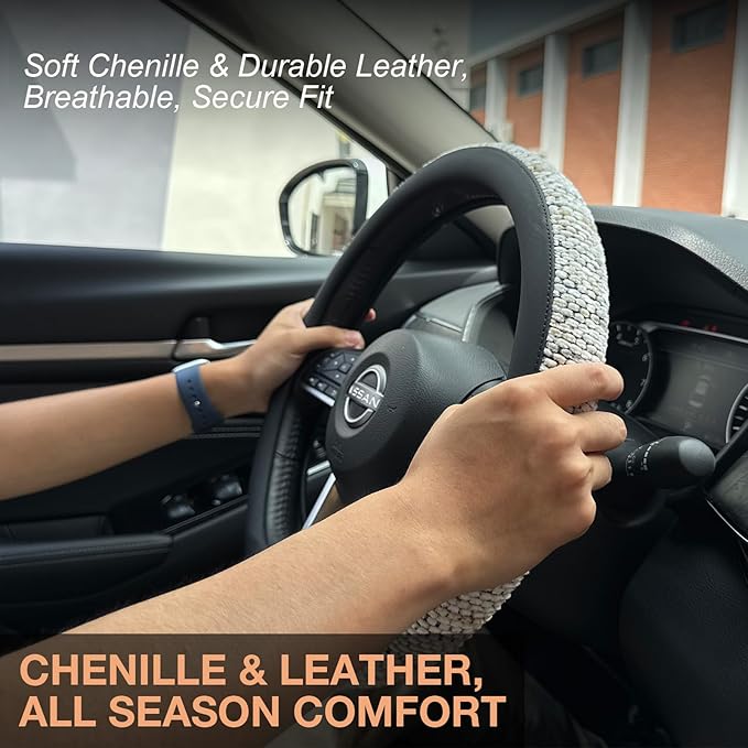 PINCTROT D Shaped Chenille Leather Steering Wheel Cover, Soft Mottled Colors, Sweat-Proof, Non-Slip Grip, All-Season Comfort, Flat Bottom 14.5-15 Inch(Mottled White)