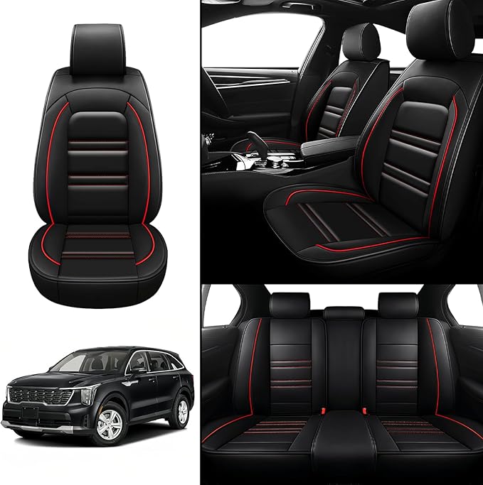 Seat Covers for kia Sorento 2003-2025 | 5-Seats Leather Seat Covers, Easy to Install Automotive Seat Covers Full Set (Full Set, Black&Red Line)