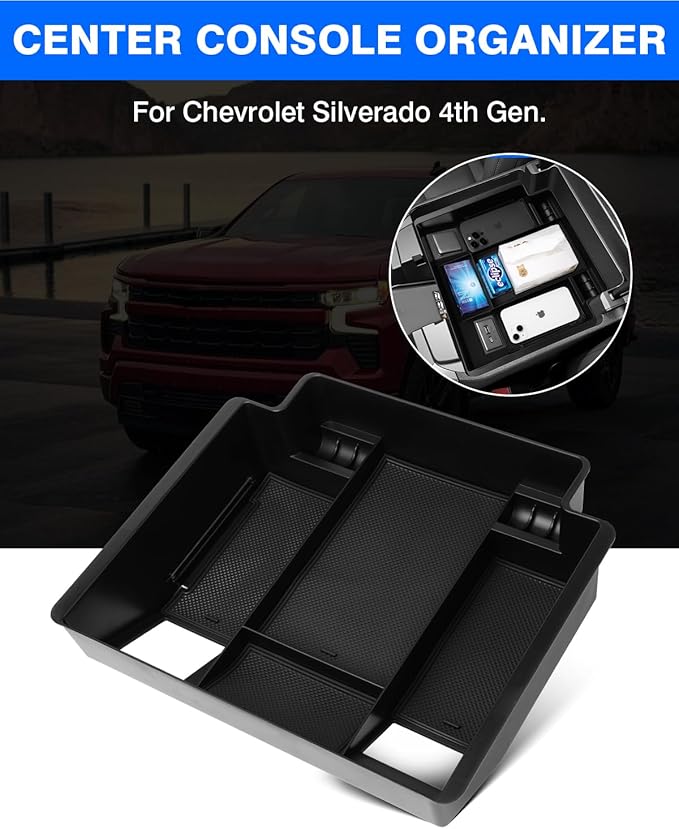 Autorder Center Console Organizer for 2022-2026 Chevy Chevrolet Silverado&Sierra 1500/2024-2026 Silverado&GMC Sierra 2500HD/3500HD Accessories Armrest Storage Box(Only Fit Full Console w/Bucket Seats)