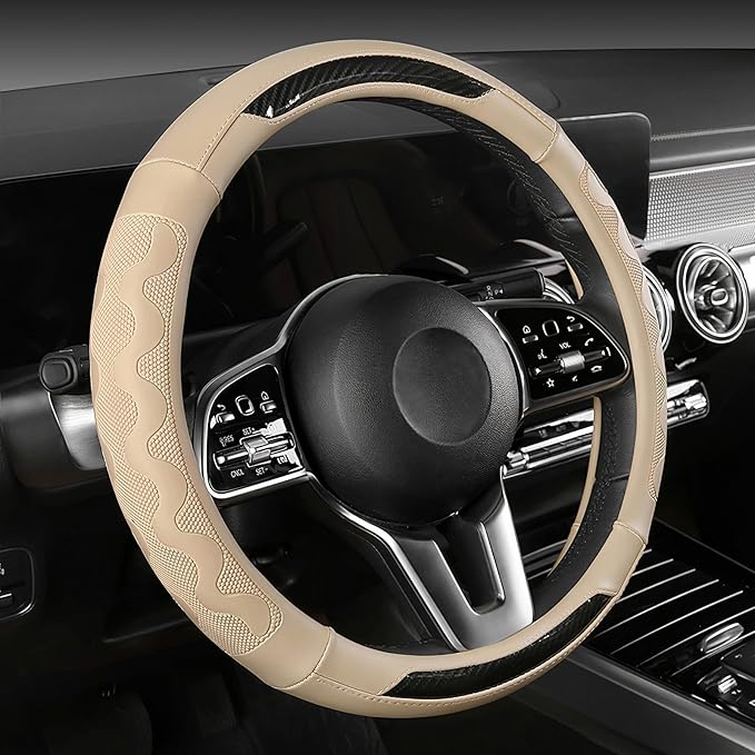 SEG Direct Car Steering Wheel Cover Medium Size 14 1/2"-15" Embossed Microfiber Leather with Carbon Fiber Pattern Beige