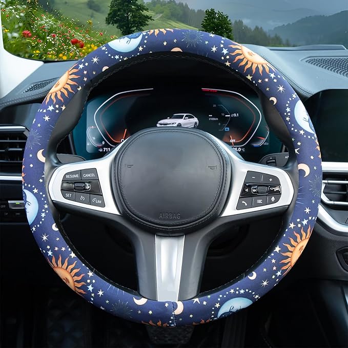 Astrology Sun Moon Celestial Steering Wheel Cover Auto Steering Wheel Protector, Anti-Slip, Breathable, Absorbing Sweat, Universal Car Accessories 14.5–15 inch,Fit for Most Car, Trucks, SUV