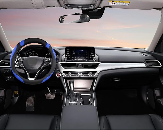 West Llama Microfiber Leather Car Steering Wheel Cover Universal Fit 15-15.5 inch SUV,Sedan,Car,Trucks(Black+Blue-M-Large Size)