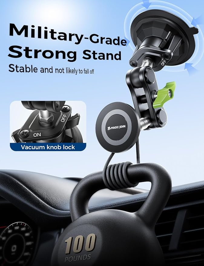 MAGIC JOHN Magnetic Car Phone Holder [Strong Suction&Strong Magnetic] 360° Adjustable Car Phone Mount for Windshield, Ultra-Durable Metal, Suction Cup Car Phone Mount for iPhone Samsung All Smartphone