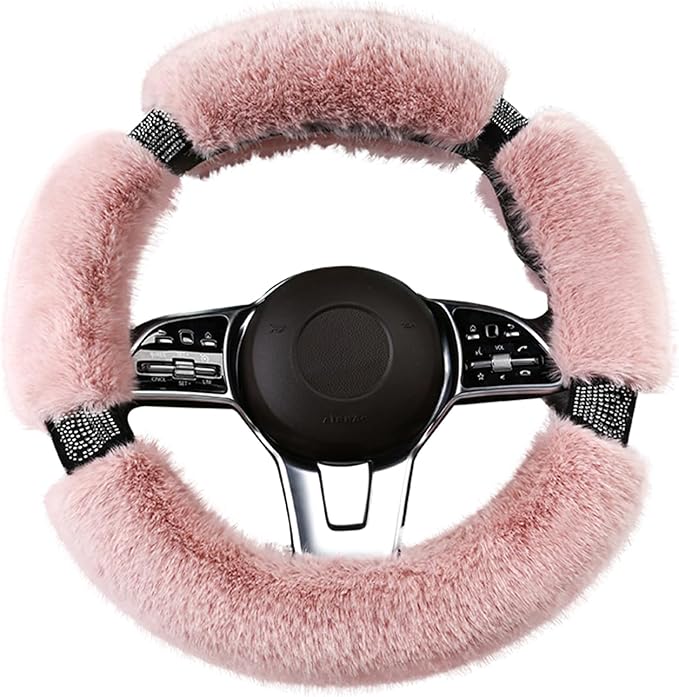 Fluffy Steering Wheel Cover for Women with Bling Crystal Diamond, Warm & Anti-Slip Plush Fur, Cute Girly Car Interior Decor Accessory, Universal Fit for 14.5-15 Inch Wheels (Pink)