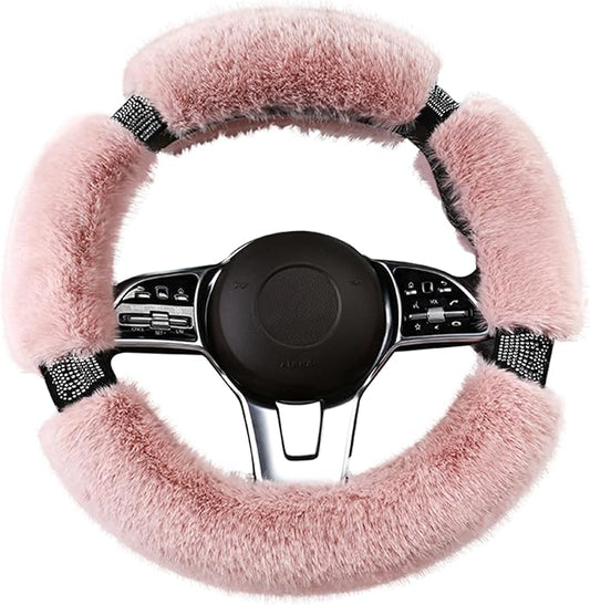 Fluffy Steering Wheel Cover for Women with Bling Crystal Diamond, Warm & Anti-Slip Plush Fur, Cute Girly Car Interior Decor Accessory, Universal Fit for 14.5-15 Inch Wheels (Pink)