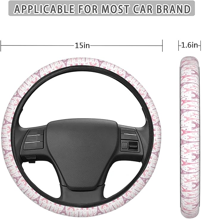 Dujiea Pink Eiffel Tower Elastic Stretch Steering Wheel Cover, Anti-Slip and Durable Car Steering Wheel Accessories for Women Men, 15 Inch Universal Fit Car, Truck, SUV
