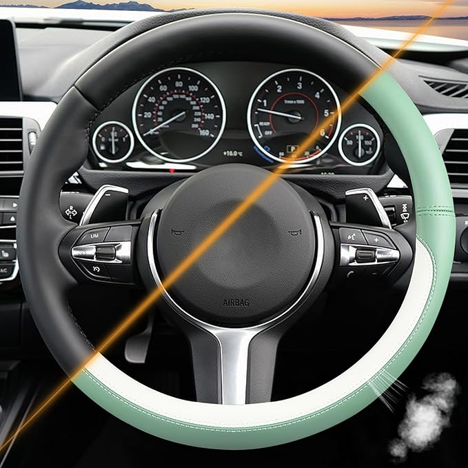 Green & White Nappa Leather Steering Wheel Cover, Cute Car Steering Wheel Cover for Men Women, 14.5-15 Inch Non-Slip Breathable Microfiber Leather Car Steering Wheel Protector
