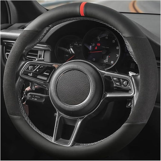 Suede Steering Wheel Cover with Upgraded Silicone Inner Ring, Anti Heat, Breathable, Anti-Slip, Leather Universal 14.5 to 15 inch Steering Wheel Cover (Partial Genuine Leather)