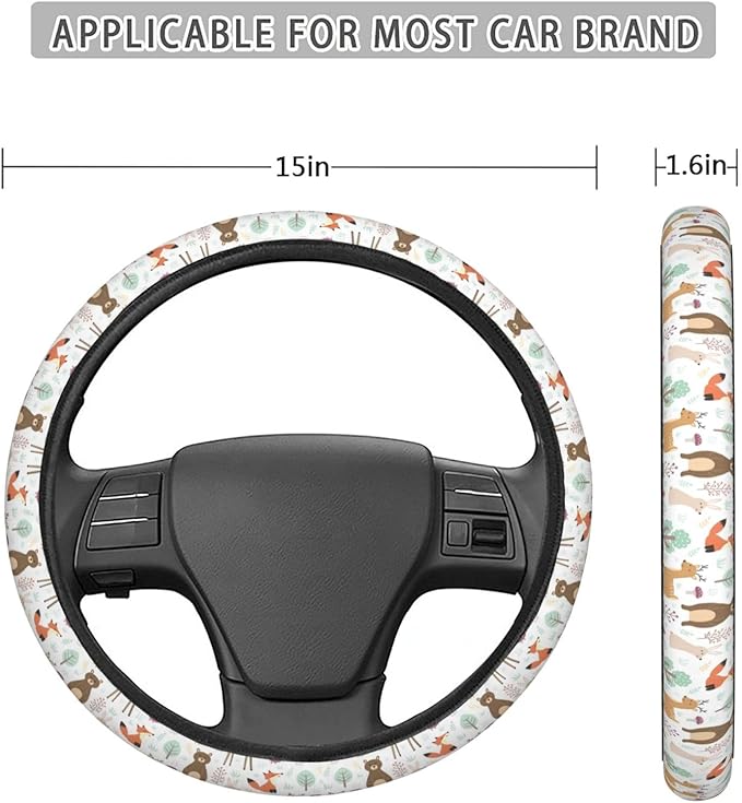 Dujiea Cute Animals Elastic Stretch Steering Wheel Cover, Anti-Slip and Durable Car Steering Wheel Accessories for Women Men, 15 Inch Universal Fit Car, Truck, SUV