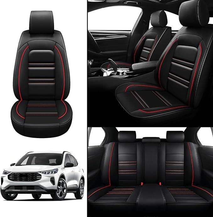 Seat Covers for Ford Escape 2001-2025 | 5-Seats Leather Seat Covers, Easy to Install Automotive Seat Covers Full Set (Full Set, Black&Red Line)