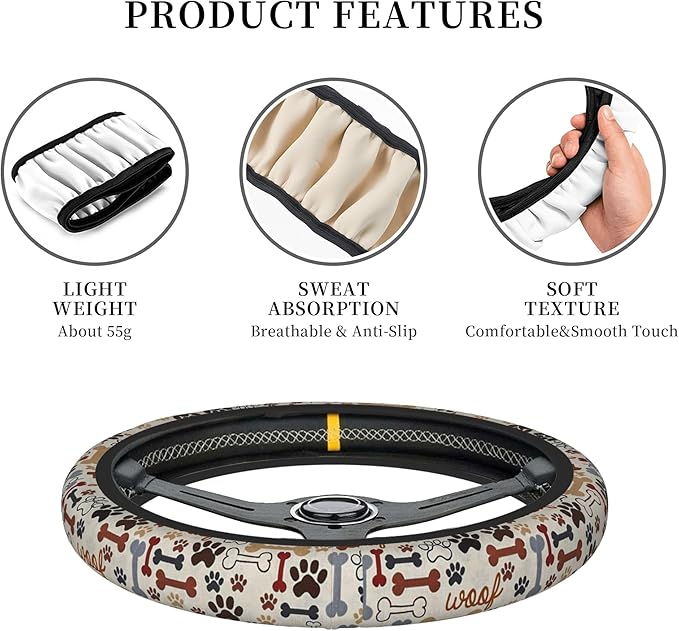 Paw Prints Steering Wheel Cover for Women Men, 15 Inches Brown Dog Cat Paw Neoprene Anti-Slip Cute Universal Car Steering Wheel Grip Wrap Car Accessories Protective Case Cover for Vehicle Truck SUV