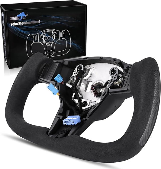 ZIMABLUE Yoke Steering Wheel Personalized Yoke Steering Wheel Suede Leather with Side Matte Carbon Fiber without Front Trim for Tesla Model 3 2017-2023, Model Y 2019-2024 With Heating Function