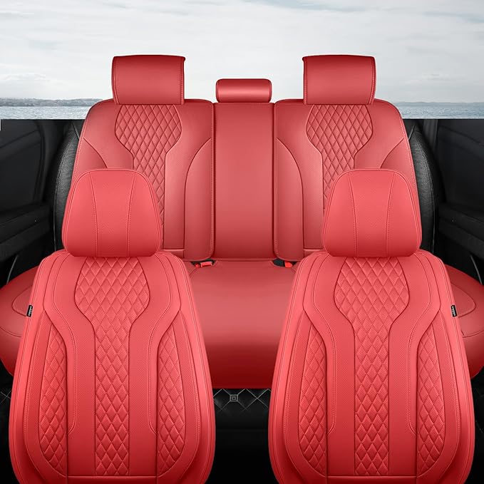 Leather Car Seat Covers - Breathable Faux Leather Seat Covers Full Set for Cars SUV Sedan - Waterproof - RED