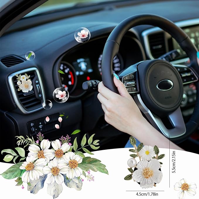 Flower Car Accessories,2pcs White Daisy Bouquet Air Freshener Vent Clips,Car Interior DashBoard Decorations Aesthetics for Women,Refillable Aroma Diffuser