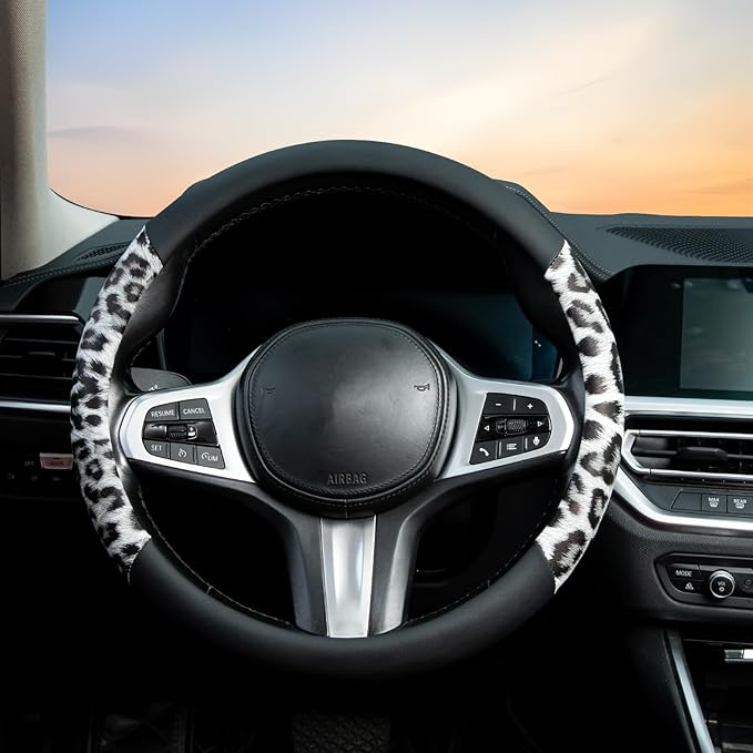 White Leopard Steering Wheel Cover Auto Leather Steering Wheel Protector, Anti-Slip, Breathable, Absorbing Sweat, Universal Leopard Car Accessories 14.5–15 inch,Fit for Most Car, Trucks, SUV