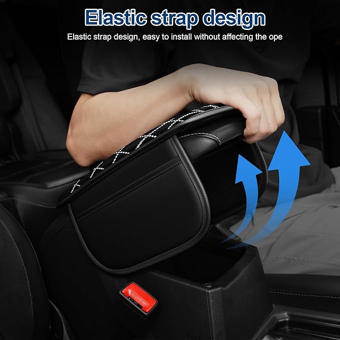 Armrest Cover with 2 Storage Bags Fit for VW/Volkswagen Taos Faux Leather Car Center Console Cover with DiamondStorage Box Waterproof Arm Rest Covers(Black)