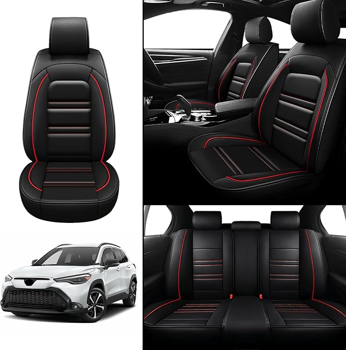 Seat Covers for Toyota Corolla Cross 2022-2025 | 5-Seats Leather Seat Covers, Easy to Install Automotive Seat Covers Full Set (Full Set, Black&Red Line)