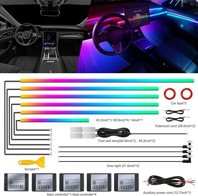 Dreamcolor Acrylic Interior Car LED Strip Light with Wireless APP, RGB 14 in 1 with 175 inches 593 Neon Car Ambient Lighting Kits, Dynamic Chasing Music Sync LEDs Fiber Optic Strip Lights for Car